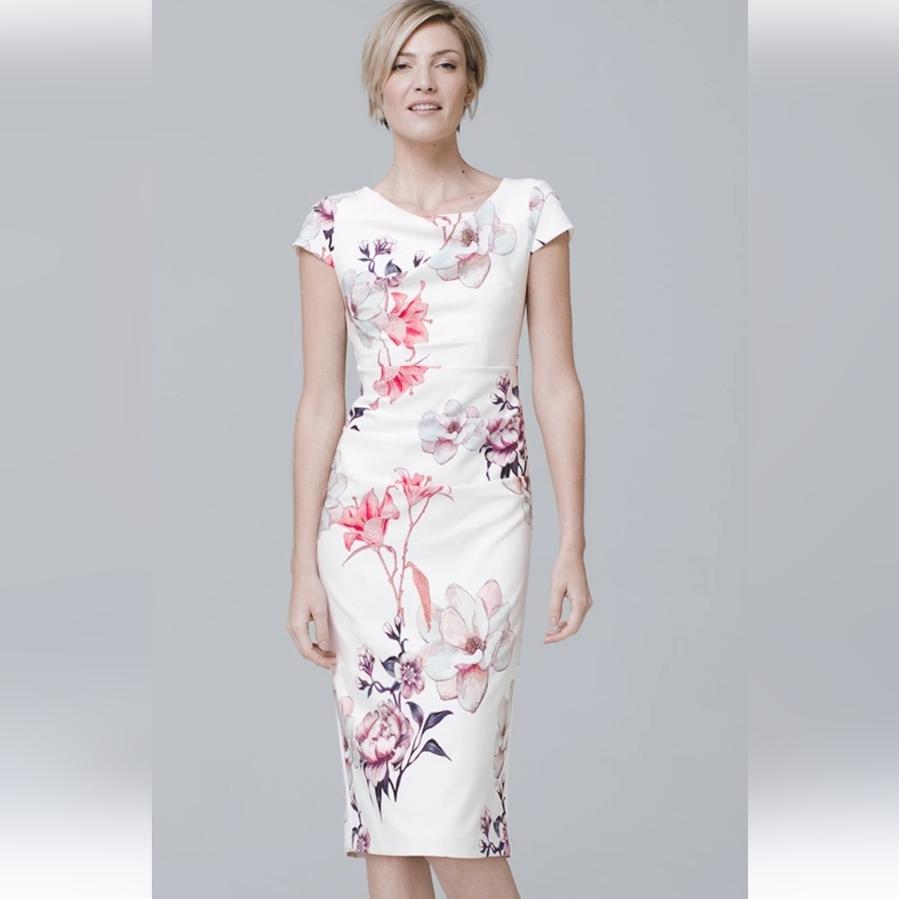 NWOT White House Black Market Cap-Sleeve Lily-Print Sheath Dress Sz. 2